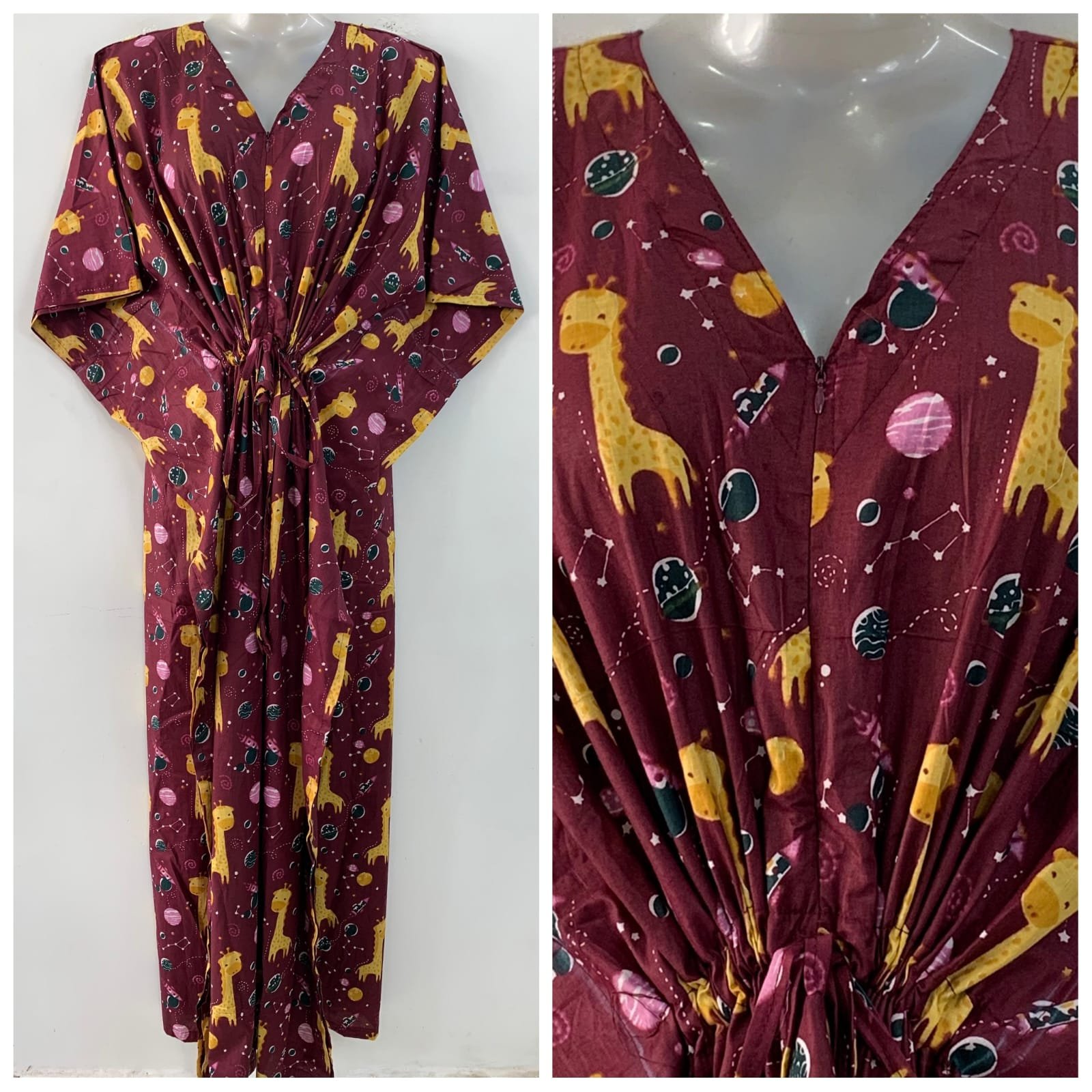 Mehroon shade Cute Yellow Giraffe Print Cotton Maternity Kaftan