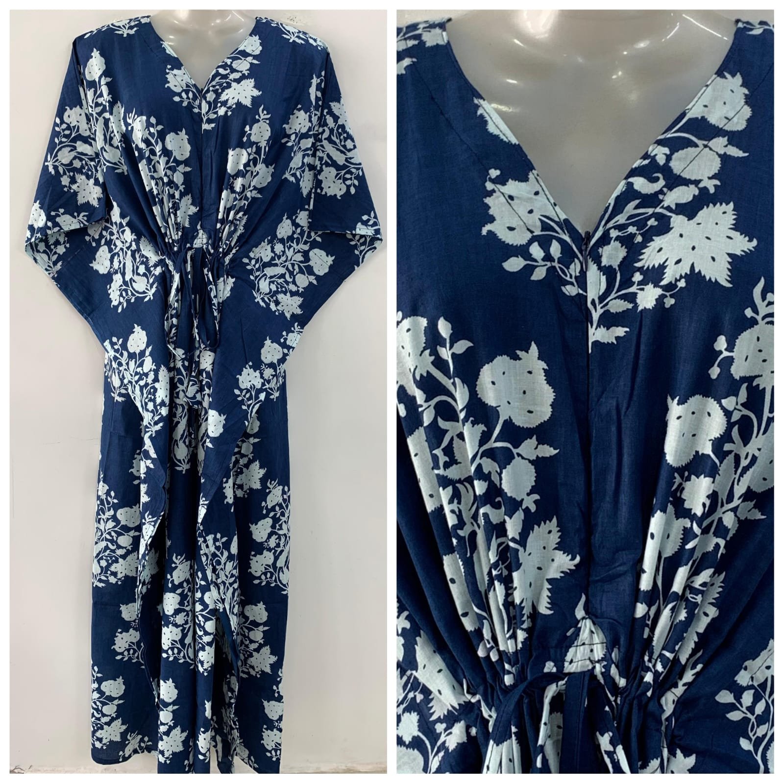 Dark Navy Blue shade White Flower Bunch Print Cotton Maternity Kaftan