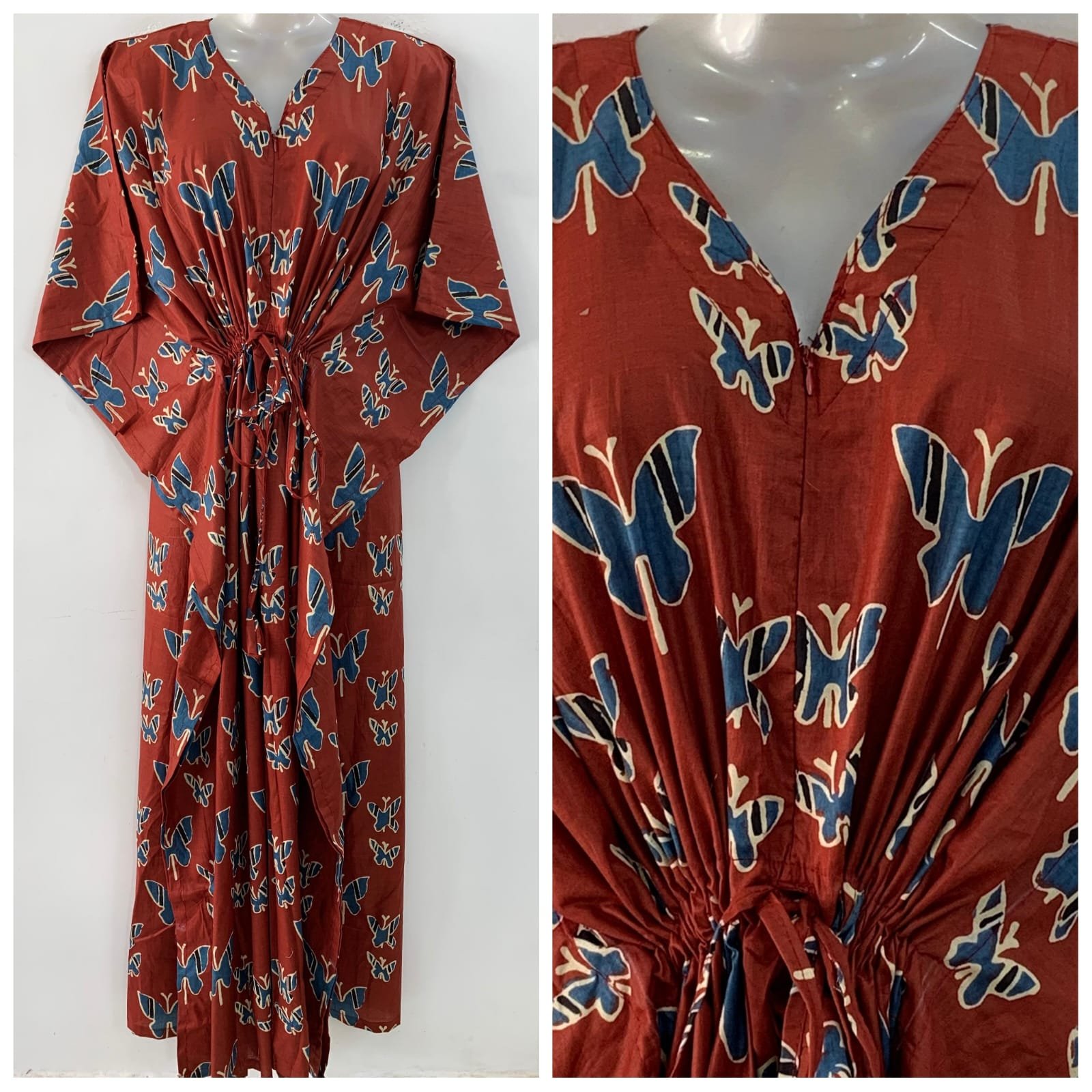 Brick Red Shade Blue Butterfly Print Cotton Maternity Kaftan