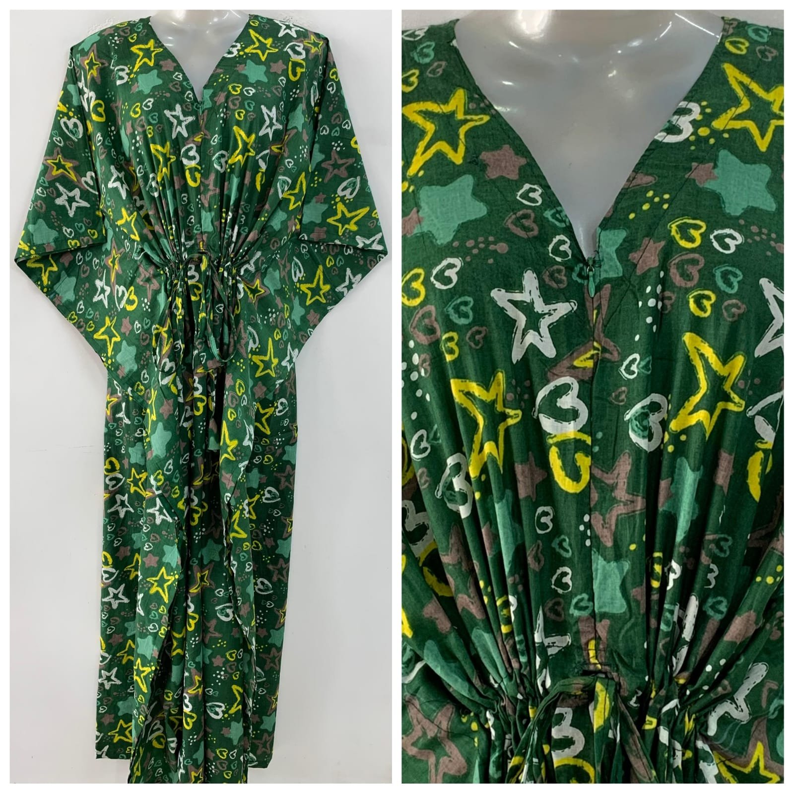 Green shade Yellow Star Print Cotton Maternity Kaftan
