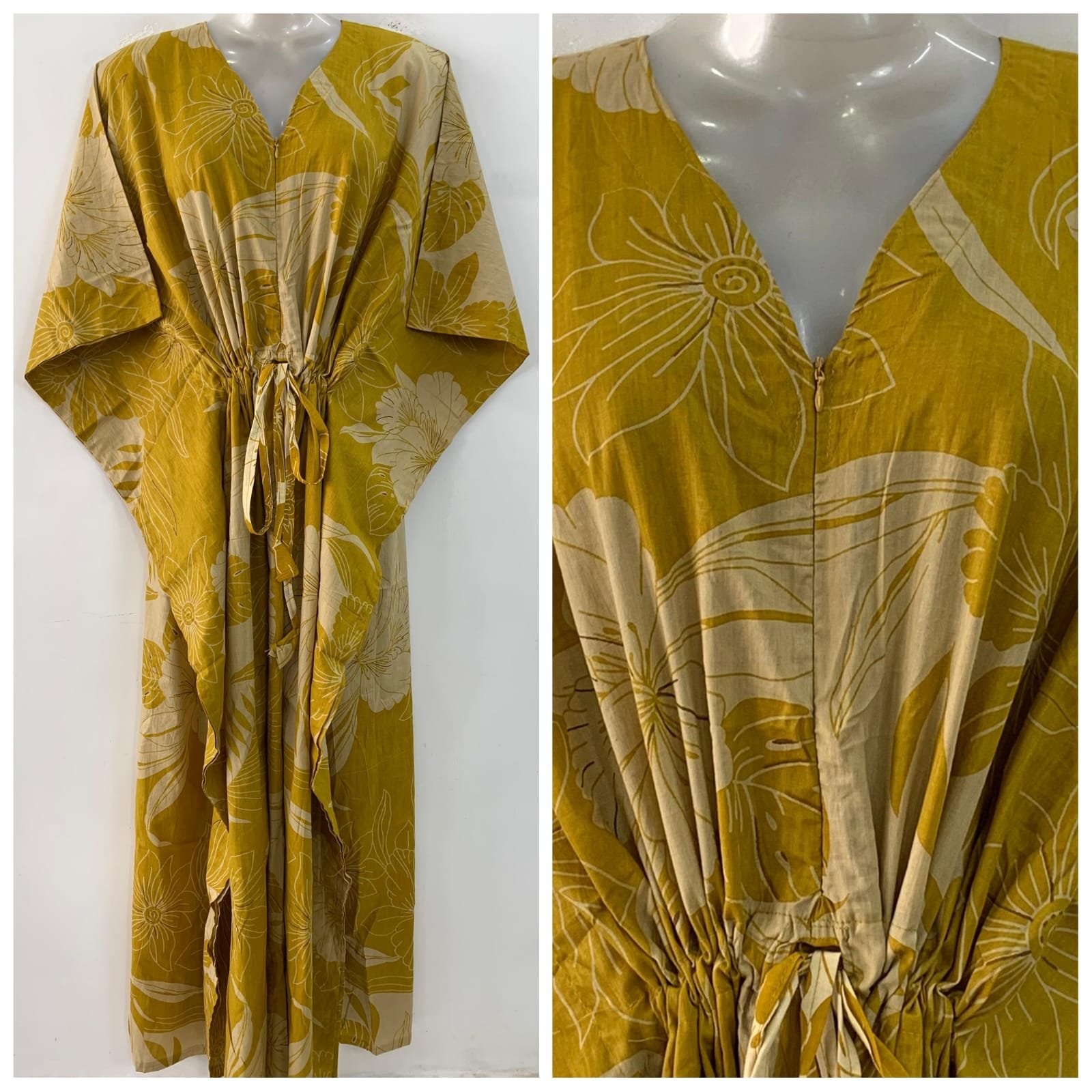 Mustard Yellow shade Big Hibiscus Outliner Print Cotton Maternity Kaftan