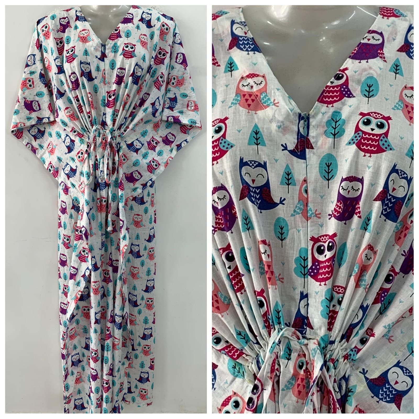 White shade Purple -Pink Moody Owl Print Cotton Maternity Kaftan