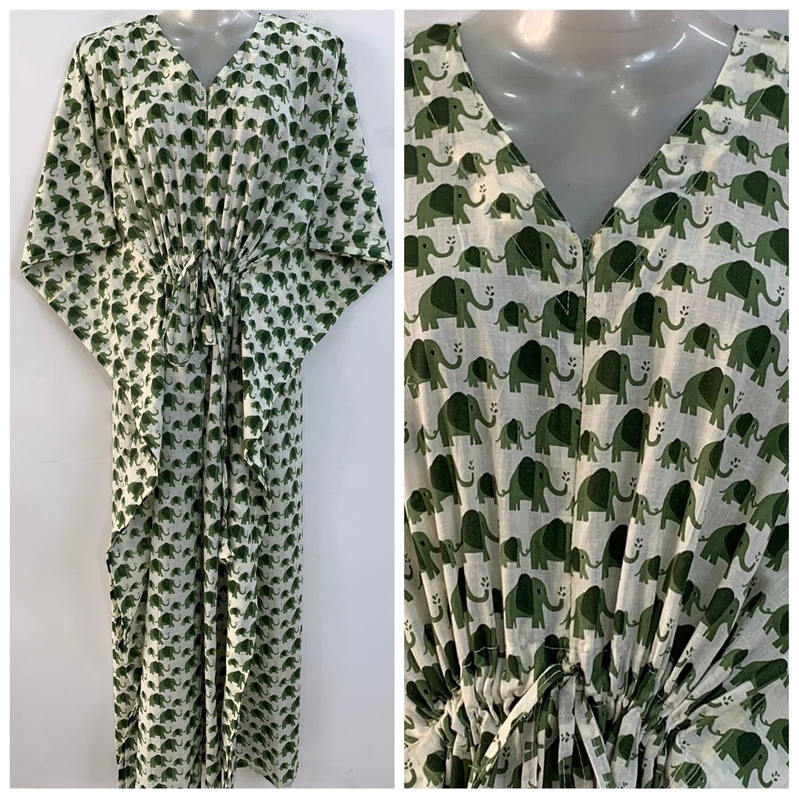 White shade Green Tiny Elephant Print Cotton Maternity Kaftan
