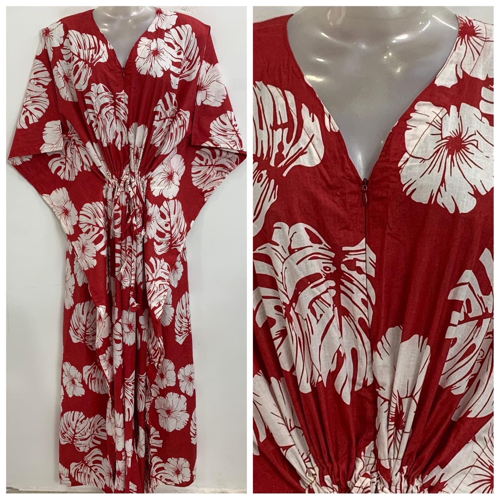 Red shade White Monstera Leafy Print Cotton Maternity Kaftan