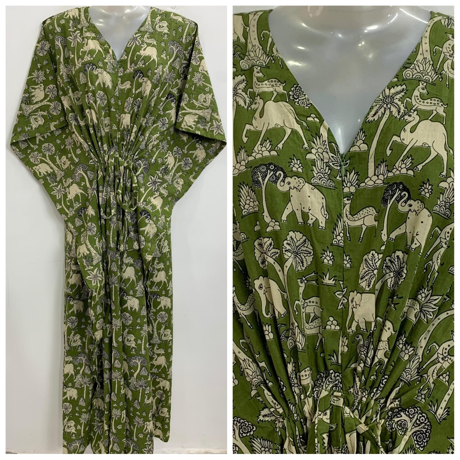 Fresh Green Shade Camel-Elephant Print Cotton Maternity Kaftan
