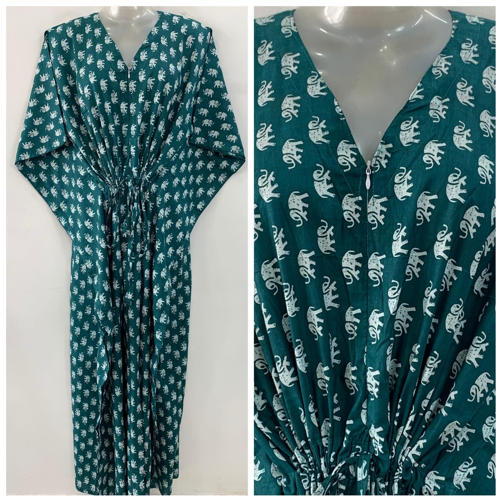 Dark Green shade Tiny Elephant Print Cotton Maternity Kaftan