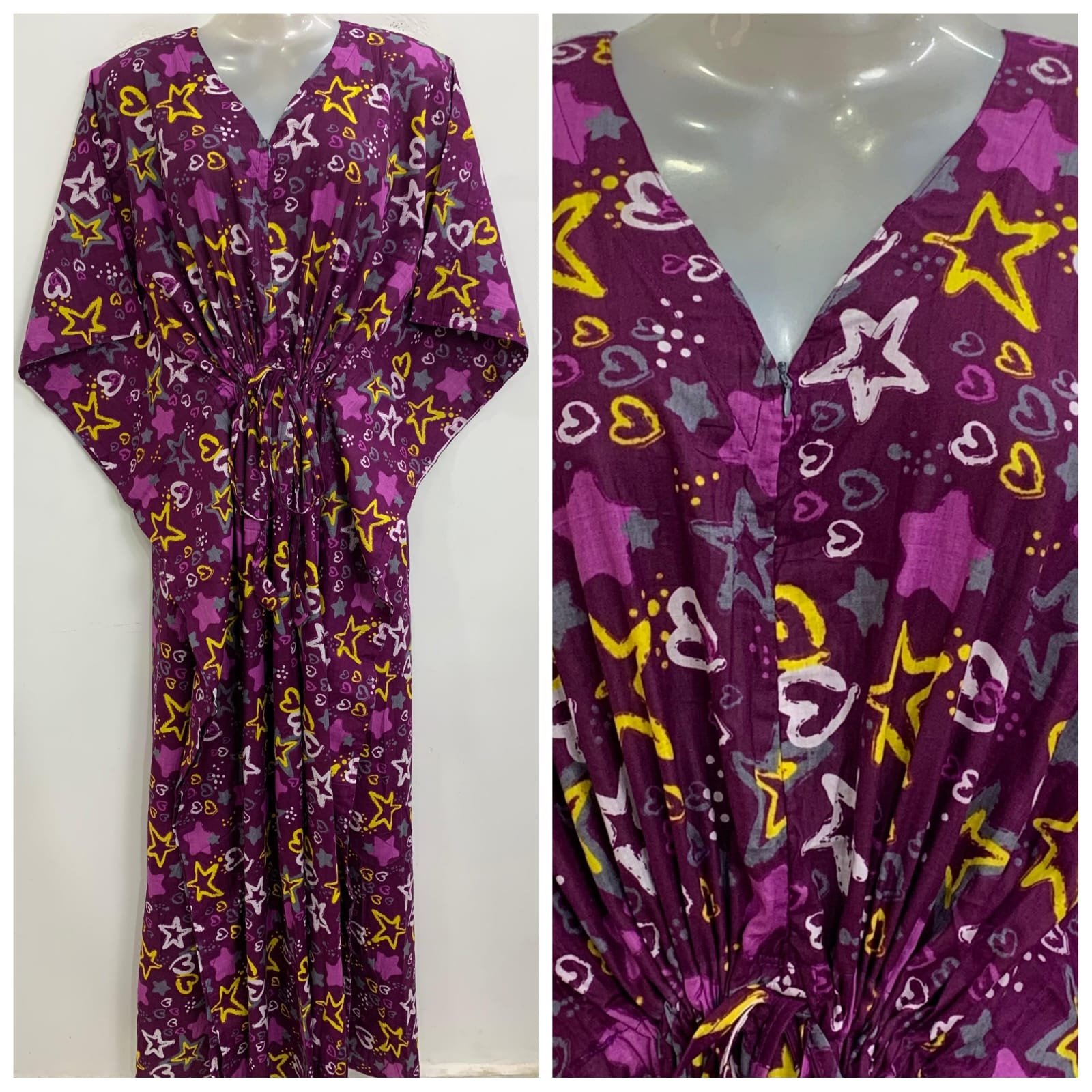 Purple shade Yellow Star Print Cotton Maternity Kaftan