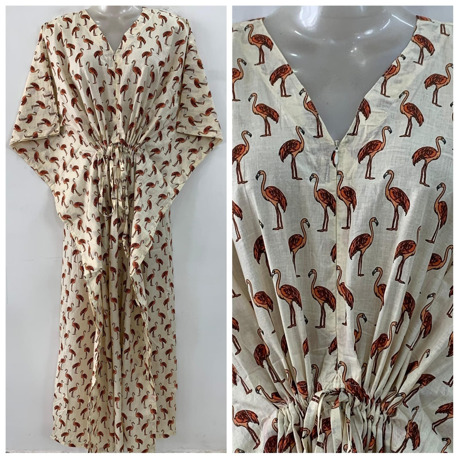 White shade Orange Flamingo Print Cotton Maternity Kaftan