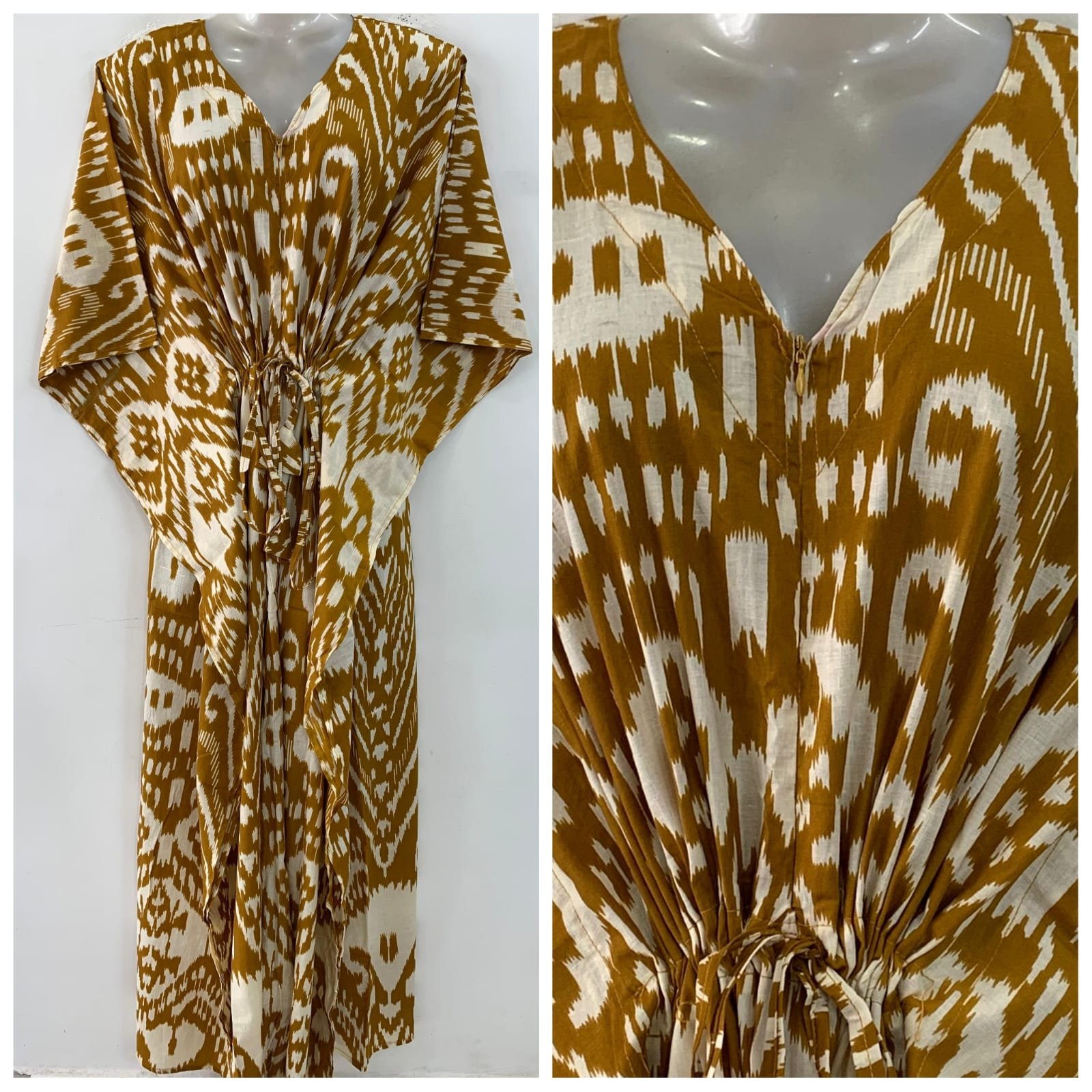 Mustard Brown shade Dotted Ikkat Print Cotton Maternity Kaftan