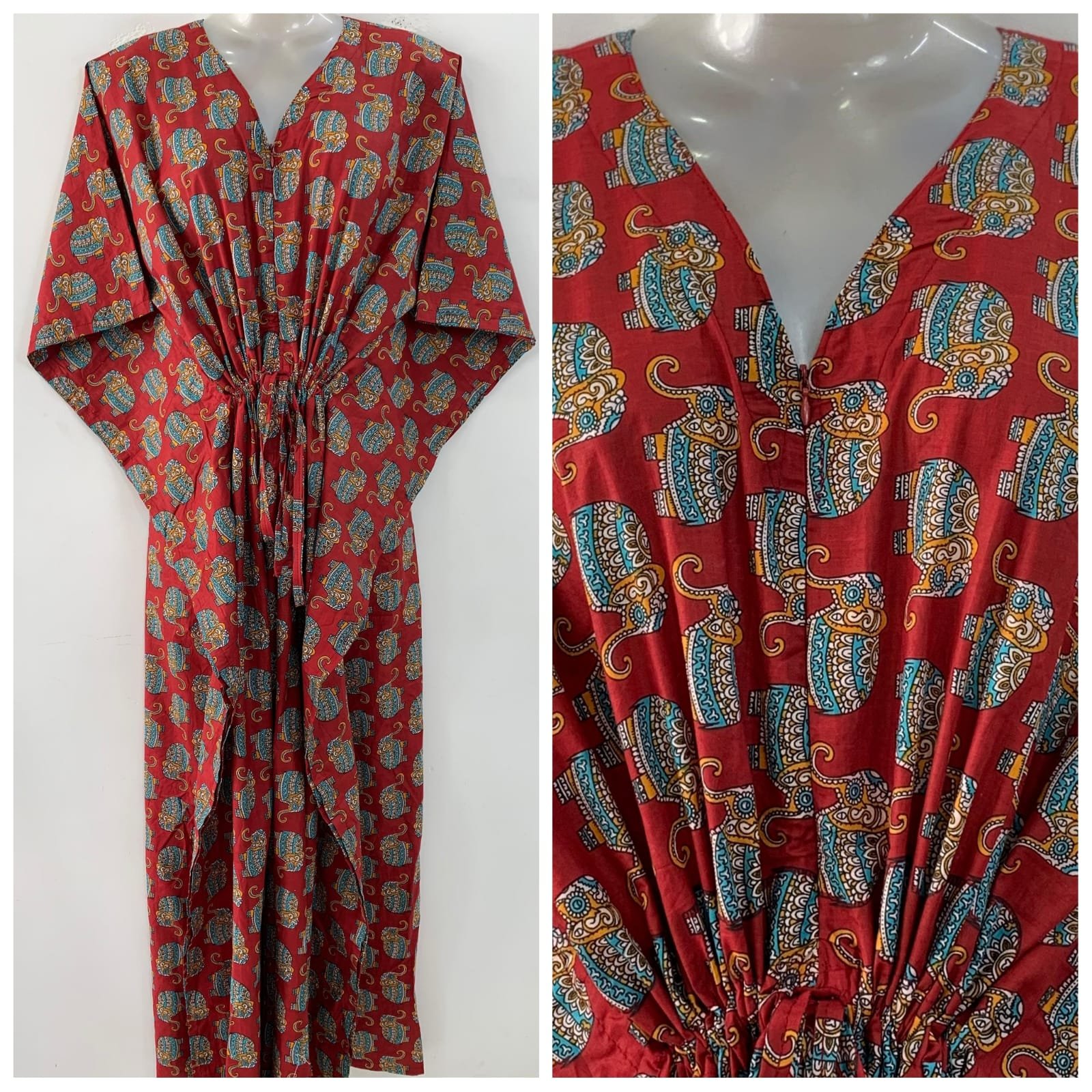 Red Shade Blue Gajah Print Cotton Maternity Kaftan