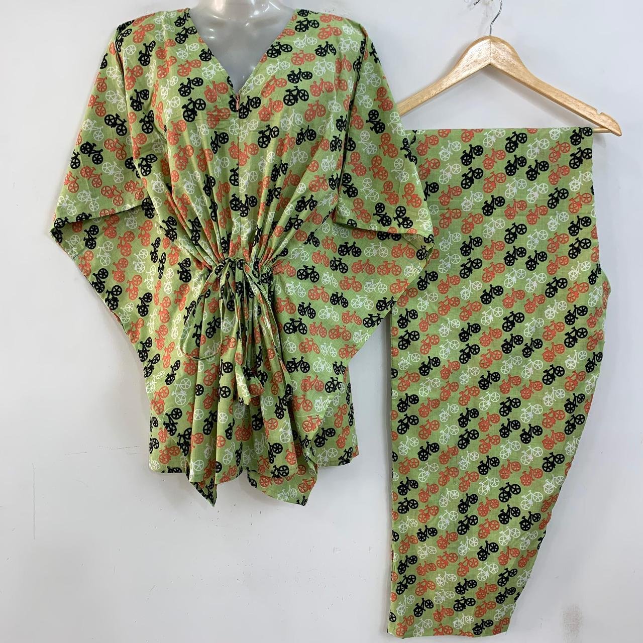 Green Shade Bicycle Print Cotton Maternity Kaftan Co-Ord Set
