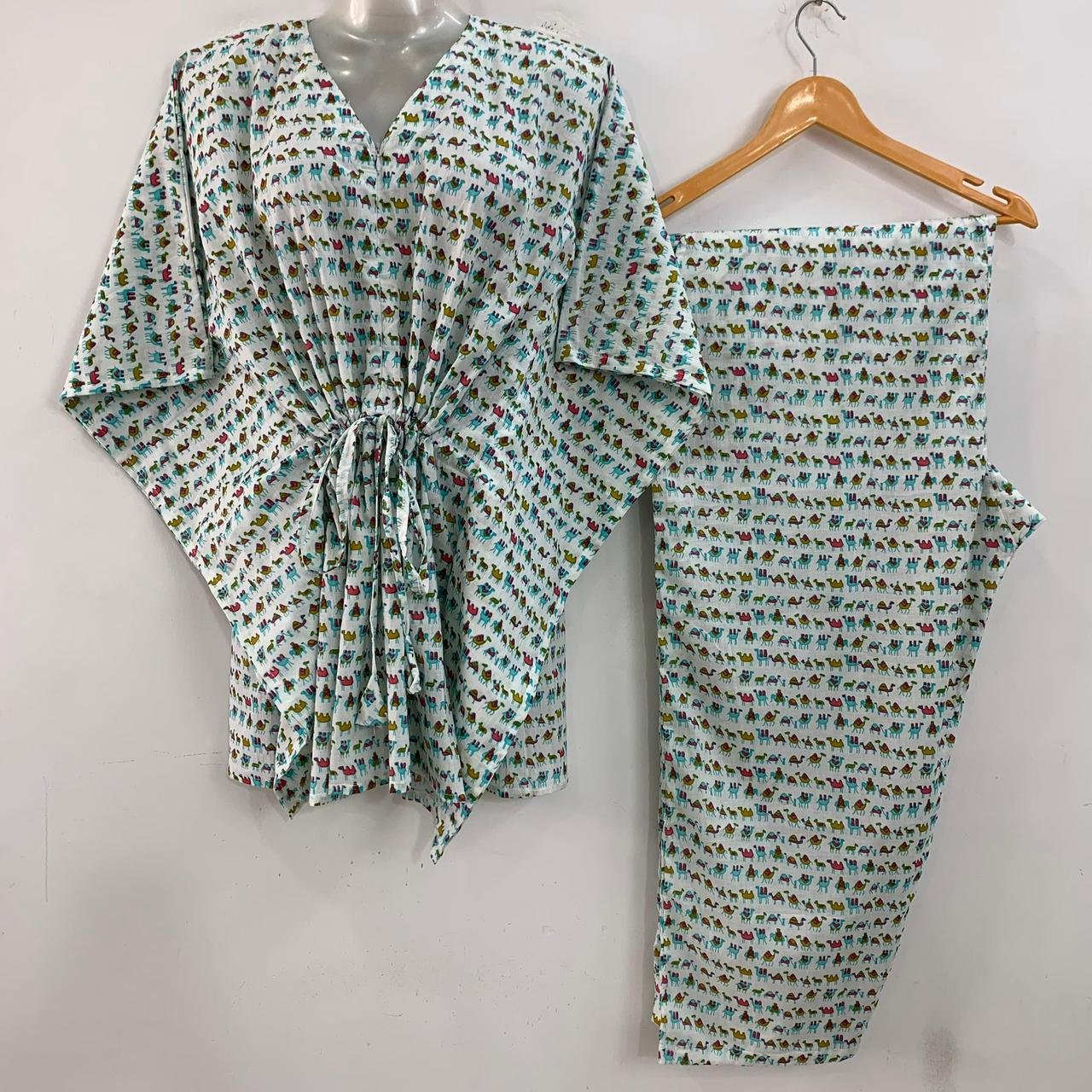 White Shade Blue Tiny Camel Print Cotton Maternity Kaftan Co-Ord Set