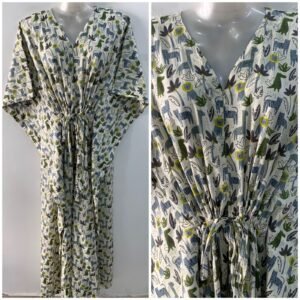 Off White Shade Grey-Green Animal Print Cotton Maternity Kaftan