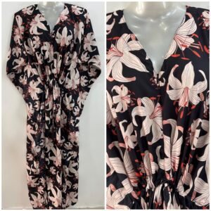 Black Shade White Lily Flower Print (Rayon-polyester) Maternity Kaftan