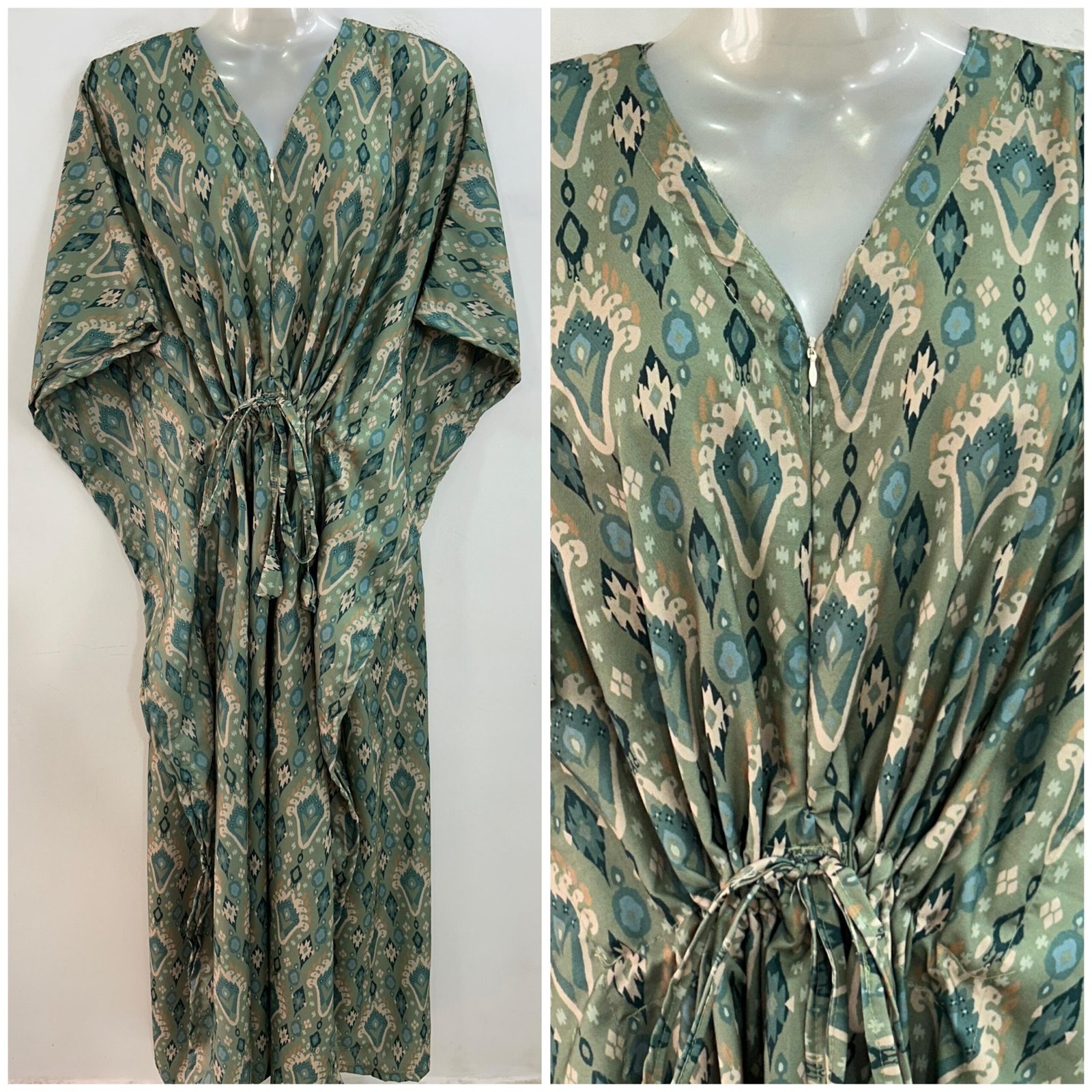 Slate Green Ikkat Print (Rayon-polyester) Maternity Kaftan