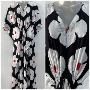 Black Shade White Four Petal Print Cotton Maternity Kaftan