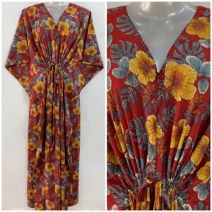 Red Shade Yellow Hibiscus Flower Print Cotton Maternity Kaftan