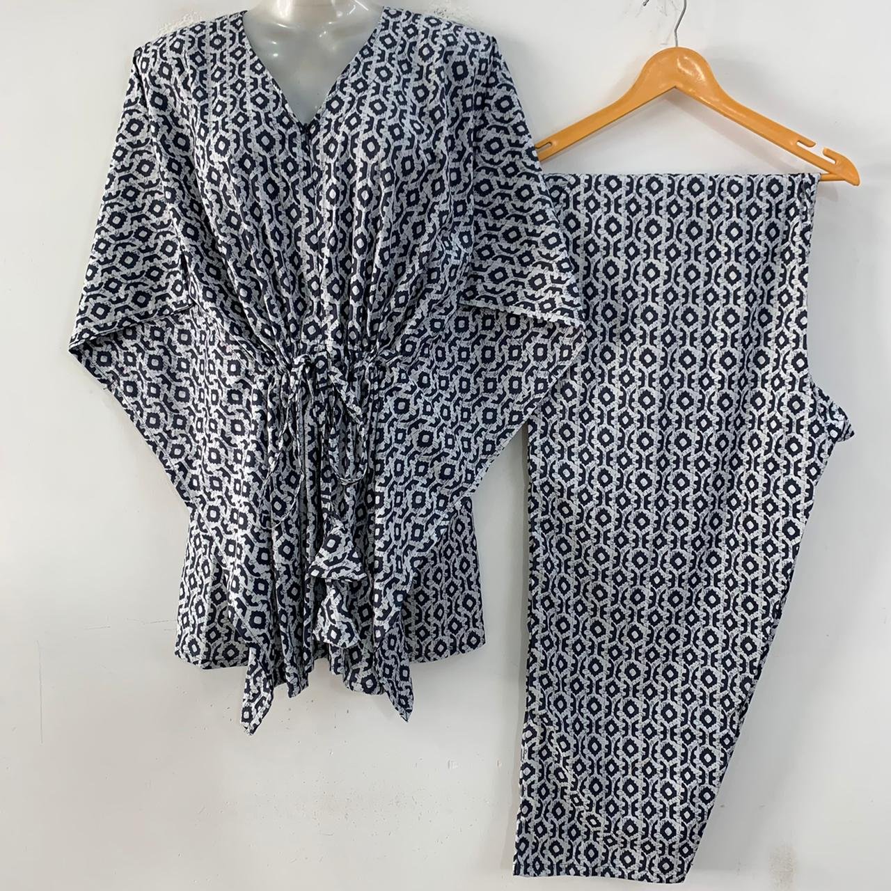 Dark Grey Geometrical Ikkat Print Cotton Maternity Kaftan Co-Ord Set