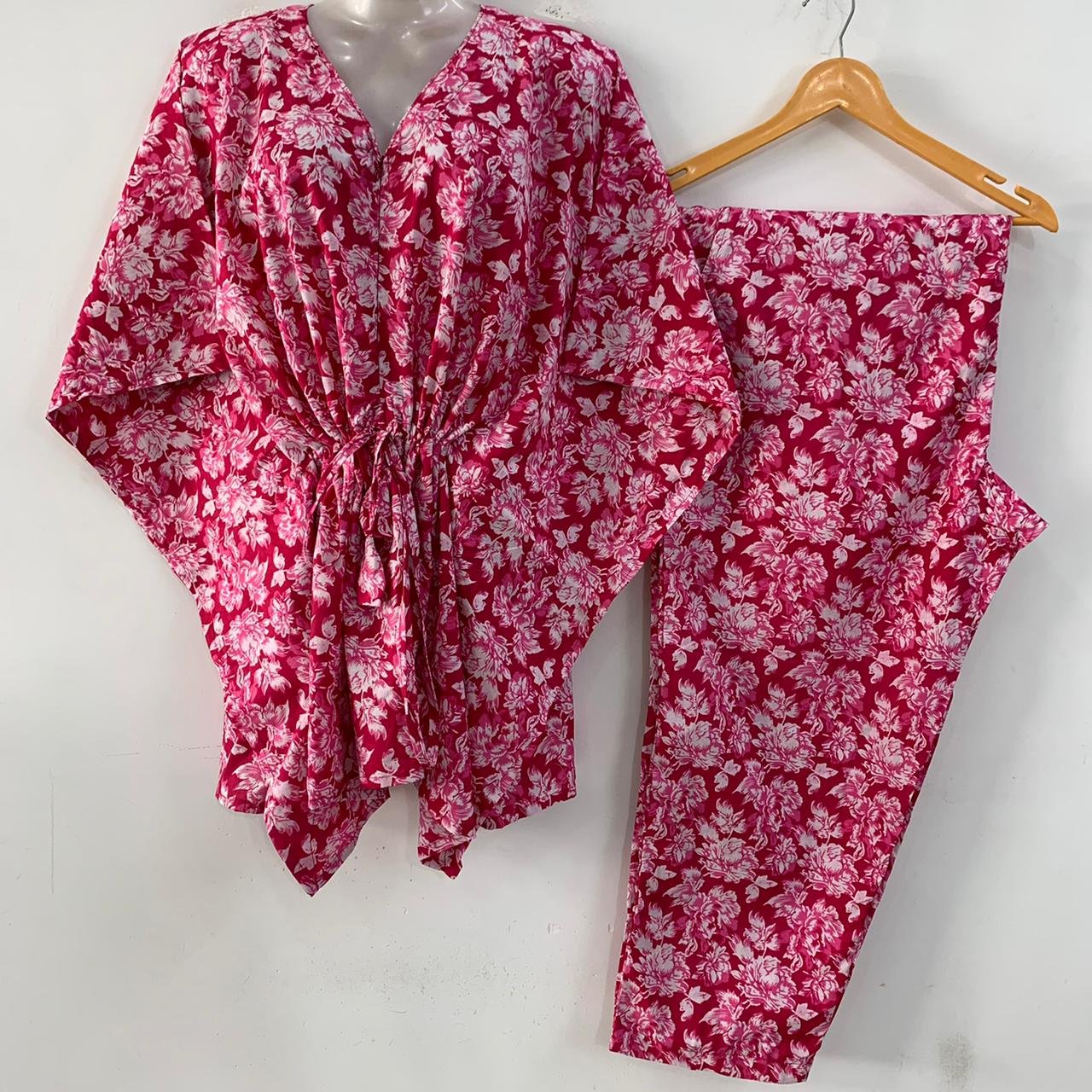Pink Rose Flower Garden Print Cotton Maternity Kaftan Co-Ord Set
