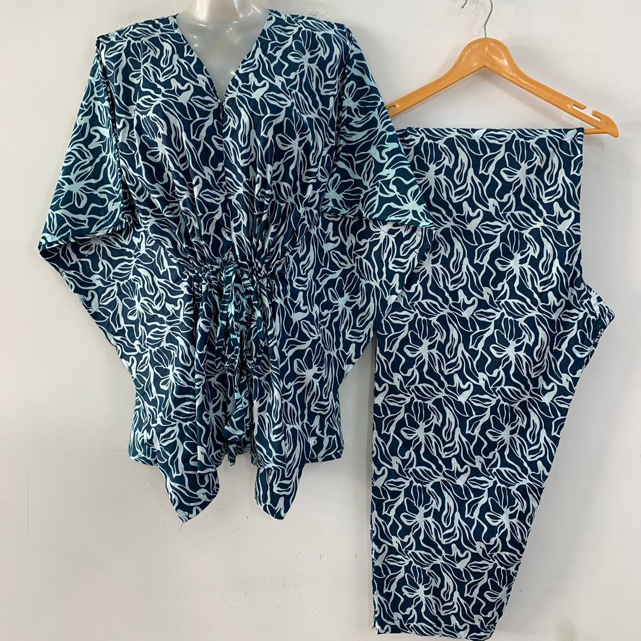 Dark Blue shade Roots Print Cotton Maternity Kaftan Co-Ord Set