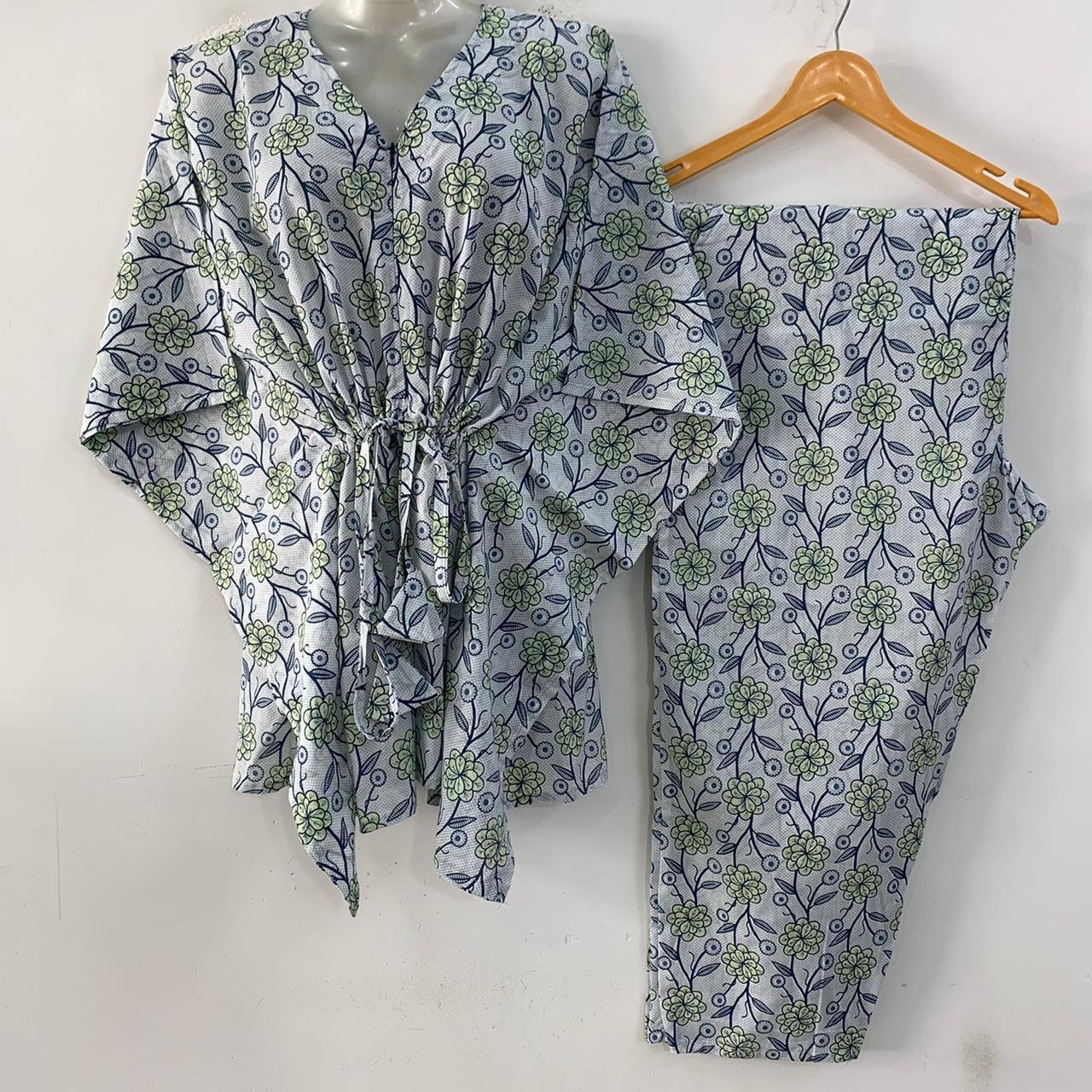 Greyish Shade Green Flower Bale Print Cotton Maternity Kaftan Co-Ord Set