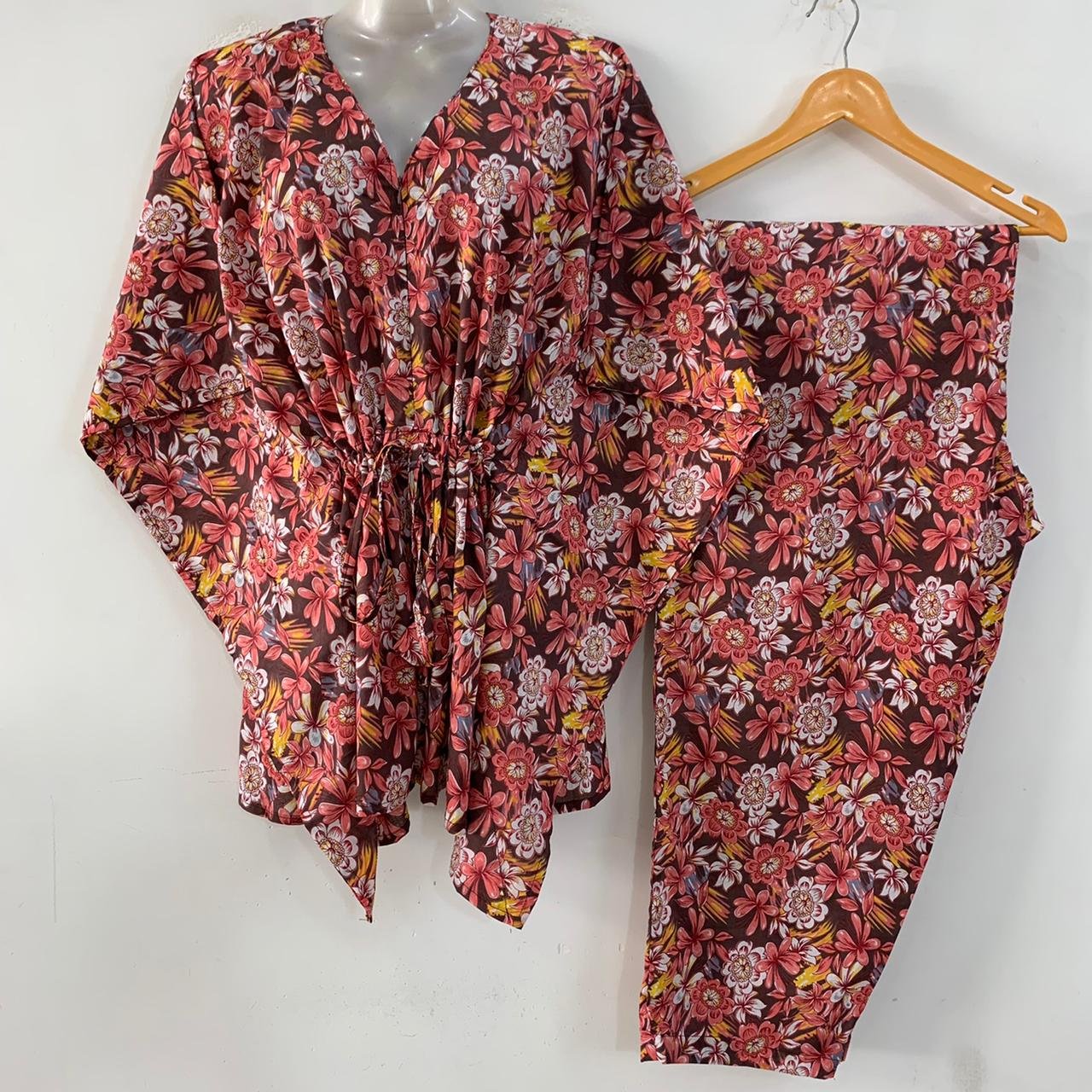 Brown shade Red Jasmine Flowers Print Cotton Maternity Kaftan Co-Ord Set