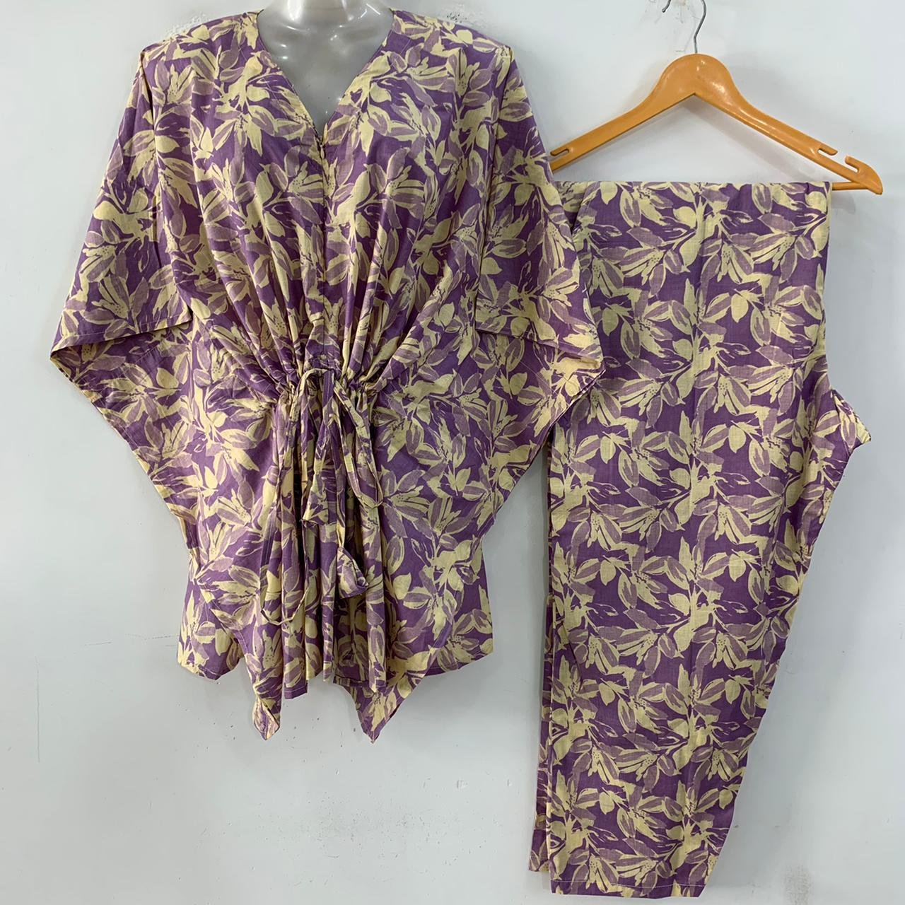 Purple shade White Petal Print Cotton Maternity Kaftan Co-Ord Set