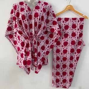 Pink shade Maple Leafy Print Cotton Maternity Kaftan Co-Ord Set