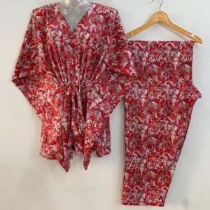 Red Shade Flower Petal Print Cotton Maternity Kaftan Co-Ord Set