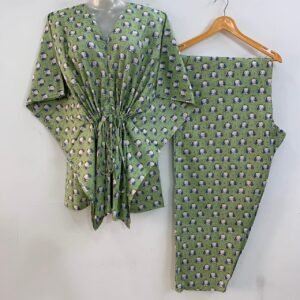 Light Green shade Big Eared Elephant Print Cotton Maternity Kaftan Co-Ord Set