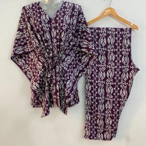 Dark Purple shade Egyptian Ikkat Print Cotton Maternity Kaftan Co-Ord Set