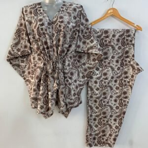 Brown shade Alp Flower Print Cotton Maternity Kaftan Co-Ord Set