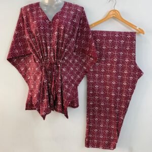 Mehroon Shade Geometrical Print Cotton Maternity Kaftan Co-Ord Set