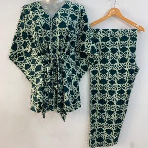 Green shaded Lotus flower Bale Print Cotton Maternity Kaftan Co-Ord Set