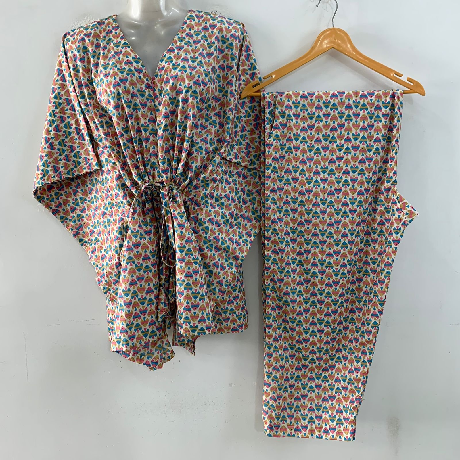 Pink-Blue Fishy Print Cotton Maternity Kaftan Co-Ord Set