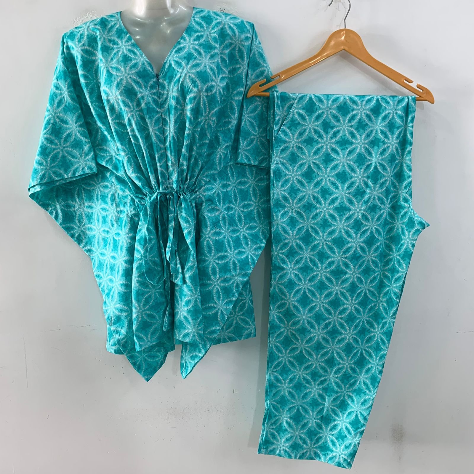 Light Seagreen Shade Dotted Flower Print Cotton Maternity Kaftan Co-Ord Set
