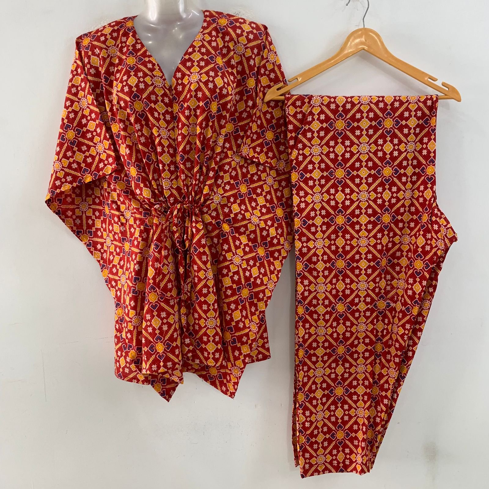 Red-Yellow Geometrical Print Cotton Maternity Kaftan Co-Ord Set