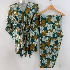 Green shade Maple Leafy Print Cotton Maternity Kaftan Co-Ord Set