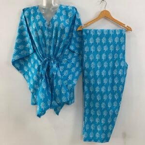 Blue shade Dotted Flower Bunch Print Cotton Maternity Kaftan Co-Ord Set