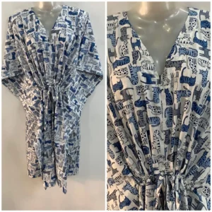 Blue Kitty Cat Print Mid-Length Cotton Maternity Kaftan Dress