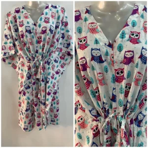 Pink-Purple Owl Print Mid-Length Cotton Maternity Kaftan Dress