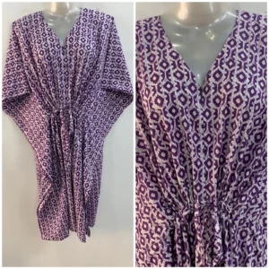 Purple Geometrical Ikkat Print Mid-Length Cotton Maternity Kaftan Dress