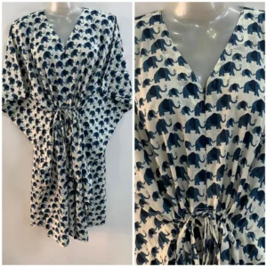 Off White Shade Blue Elephant Print Mid-Length Cotton Maternity Kaftan Dress