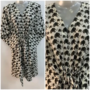 Off White Shade Black Elephant Print Mid-Length Cotton Maternity Kaftan Dress