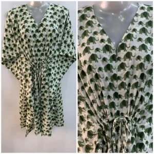 Off White Shade Green Elephant Print Mid-Length Cotton Maternity Kaftan Dress
