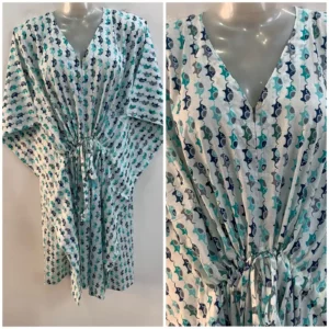 Bluish Elephant Print Mid-Length Cotton Maternity Kaftan Dress