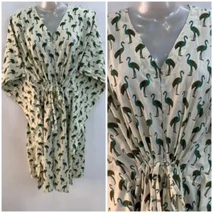 Green Flamingo Print Mid-Length Cotton Maternity Kaftan Dress