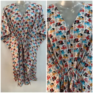 Red-Black Toy Elephant Print Mid-Length Cotton Maternity Kaftan Dress