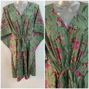 Slate Green Shade Pink Lily Flower Print Mid-Length Cotton Maternity Kaftan Dress
