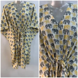 Yellow-Black Paper Elephant Print Mid-Length Cotton Maternity Kaftan Dress